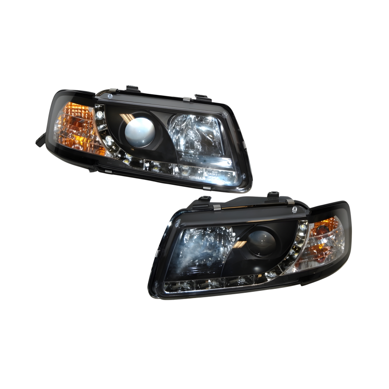 Audi A3 96-02, Model II, Black Set Of Headlamps with Day Lights
